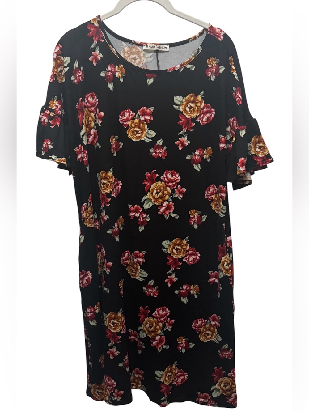 Riah Fashion Black Floral Shift Dress XL Flutter Sleeve Boho Midi Dress Preloved
